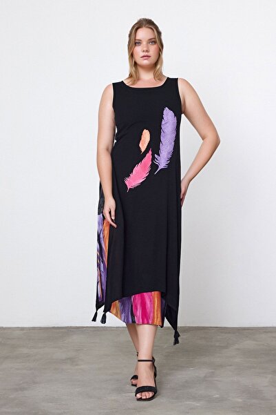 bacc Rochie de damă maxi mov cu imprimeu și detalii din viscoză Bcvl-252025