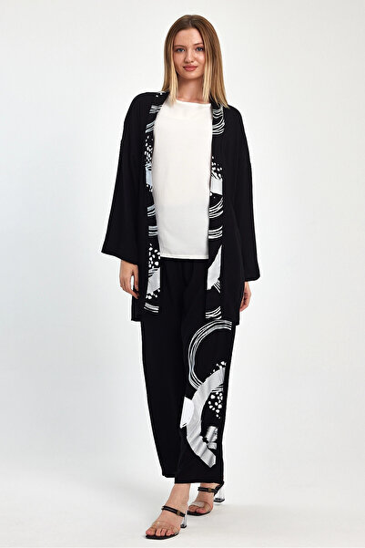 bacc Women's Maxi Length Black and White Printed Kimono and Pants Woven Viscon Top and Bottom Set Bcvl-251084
