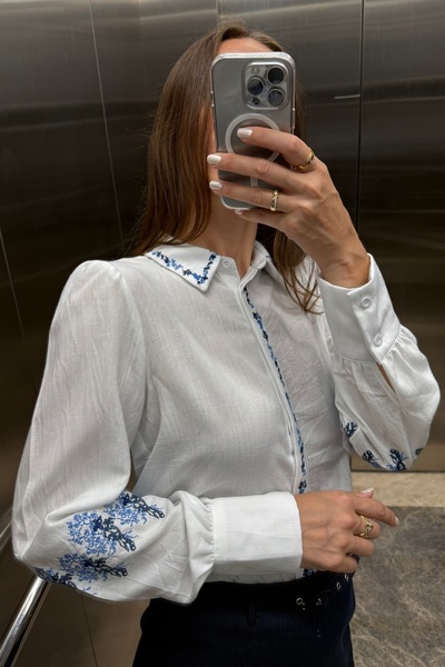 Noi Belis Λευκό κέντημα Λεπτομερές λινό υφαντό πουκάμισο SS25GO0011