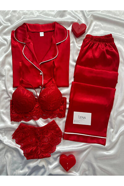 Lena Homewears Changer Lüks Червоний комплект піжами з сатинової білизни
