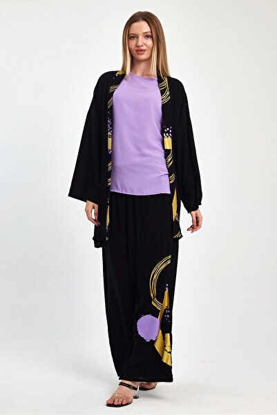 bacc Women's Maxi Length Black Purple Printed Kimono and Pants Woven Viscon Top and Bottom Set Bcvl-251084