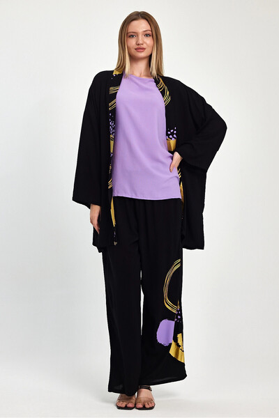 bacc Maxi Size Black Purple Printed Kimono and Trousers Woven Viscon Bottom Top Set Bcvl-251084