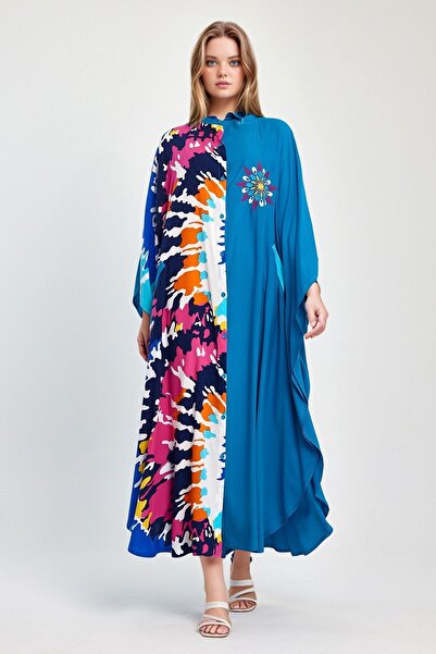 bacc Γυναικείο φόρεμα μάξι με μπλε κέντημα υφαντό βισκόζη Bcvl-251076