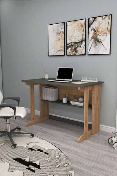 Enda Home Pillar Kütüphaneli Geniş Çalışma Masası 100x56 Cm Çam - Antrasit