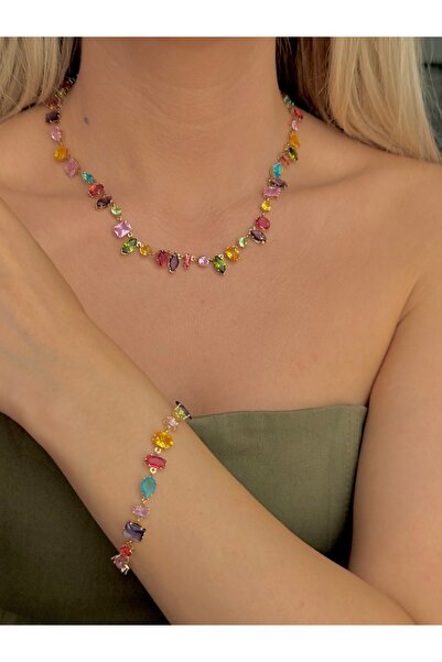 YOUES JEWELRY طقم قلادة وسوار من الذهب عيار 316L مع أحجار زركون ملونة، يأتي ف...