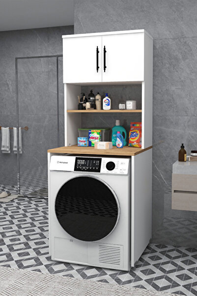 Enda Home Çamaşır Makinesi Dolabı 3 Raflı Kapaklı Banyo Dolabı Atlantik Çam -...