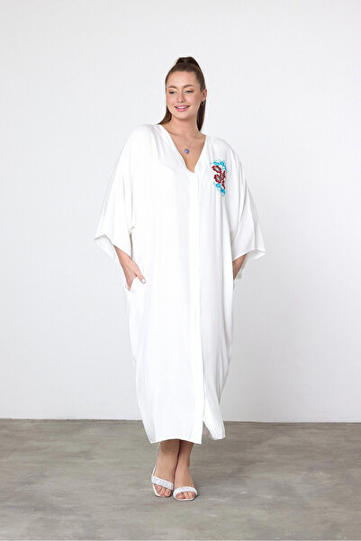 bacc Maxi Size White Embroidery Embroidered Woven Viscon Dress Bcvl-25V038