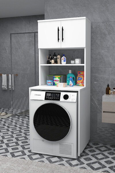 Enda Home Çamaşır Makinesi Dolabı 3 Raflı Kapaklı Banyo Dolabı Mat Beyaz