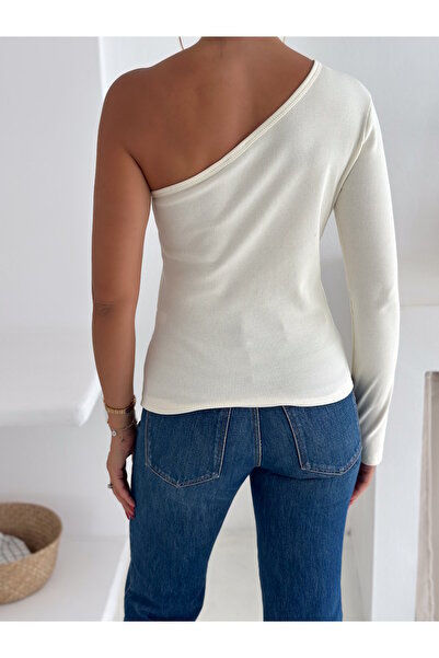 MaxiMor Women's Ecru One-Shoulder Open Long Sleeve Finger Detail Ribbed T-Shirt Blouse