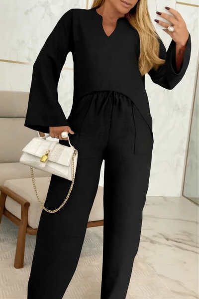 Modayakamoz Γυναικείο μακρυμάνικο λινό παντελόνι με λαιμόκοψη σε σχήμα V με κ...