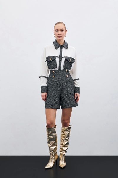 Sateen Düğme Detay Tüvit Şort - Sax Mavi