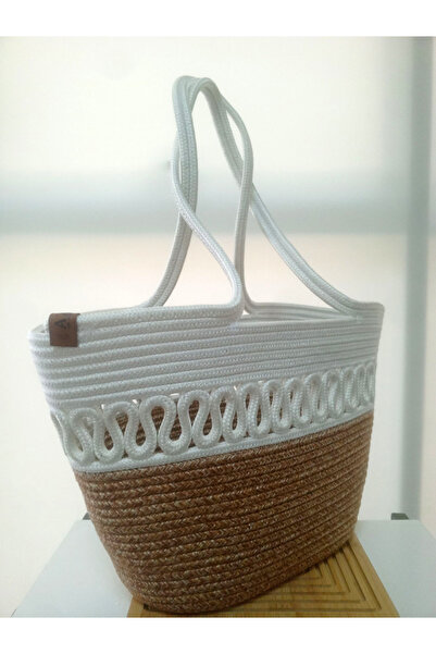 AZR HOME DESİGN Natural Jute Rope Straw White Bag Beach Bag