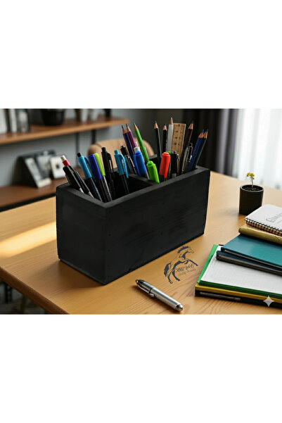 Krb Ahsap Ahşap Bölmeli Kalemlik, Kalem Kutusu, Ahşap Kalemlik, Siyah Masa Üs...