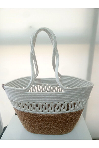 AZR HOME DESİGN Natural Jute Rope Straw White Bag Beach Bag