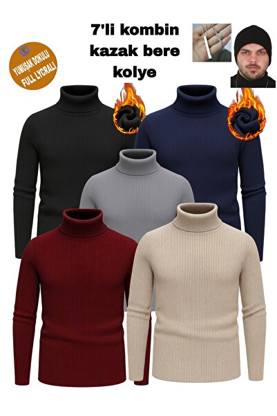 EMKA GİYİM 7'li Kombin Balıkçı Yaka Kazak Bere Kolye