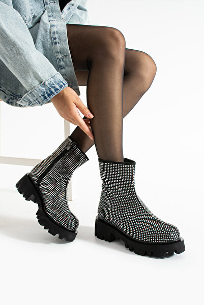 diclepolat Γυναικείες μαύρες μπότες Ασημί πέτρα με χοντρή σόλα με φερμουάρ Noles