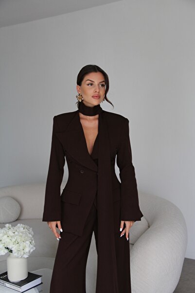 Julidress Coffee Shawl Double Breasted Jacket and Palazzo Pants Premium Design Set