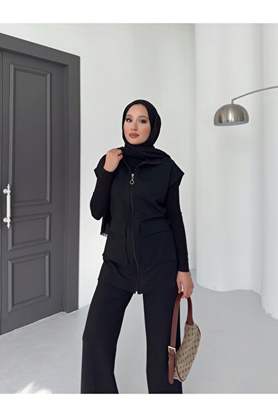 onlymoon Kadın Siyah Yelek Pantolon İkili Takım | %100 Pamuk | Rahat Kesim | Lastikli Bel | 4 Mevsim - Günlük