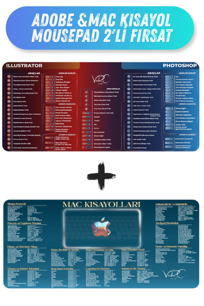 VRC Ticaret Illustrator & Photoshop & Mac Kısayol Mousepad 80x40Cm 2'li Fırsat