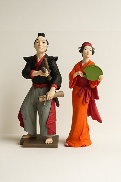 Khleos Japon Temalı Samuray & Kadın Heykel Seti