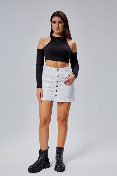 agel Women's Leaf Patterned White Above-Knee Skirt