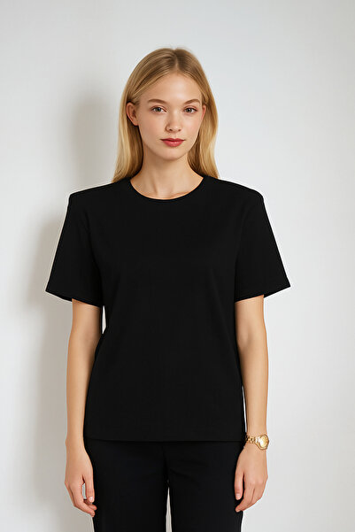 poupee Μαύρο μπλουζάκι με επένδυση, γυναικείο μπλουζάκι με επένδυση στους ώμους, μπλουζάκι από βαμβακερό χτενισμένο βαμβάκι