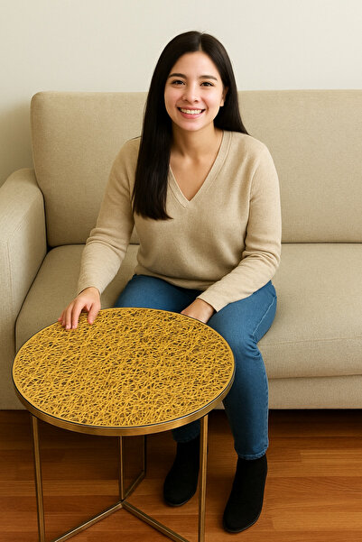 Rona Home Çeyizlik Lüks Hasır PVC Yuvarlak Orta Salon Sehpa Örtüsü – Silinebilir, Dantel Desenli Masa Örtüsü