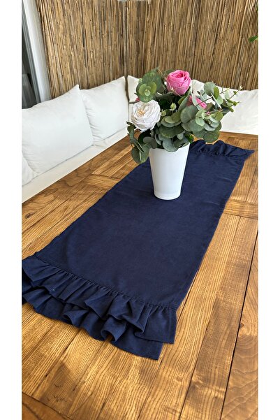 Decamor home Vintage Kadife Dokulu Lacivert Çift Kat Fırfırlı Runner