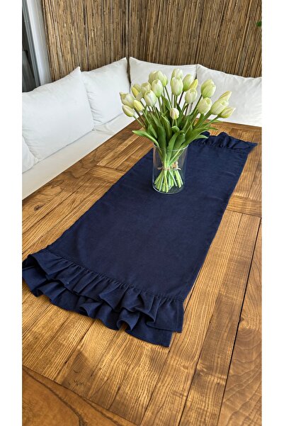 Decamor home Vintage Kadife Dokulu Lacivert Çift Kat Fırfırlı Runner