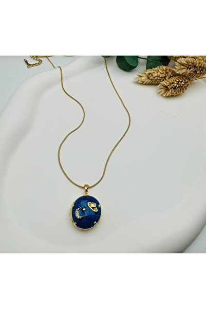 Denic Tasarım Gezegen Mavi Acilir Kapanır Resim koyulabilen Gold Kolye Paslan...