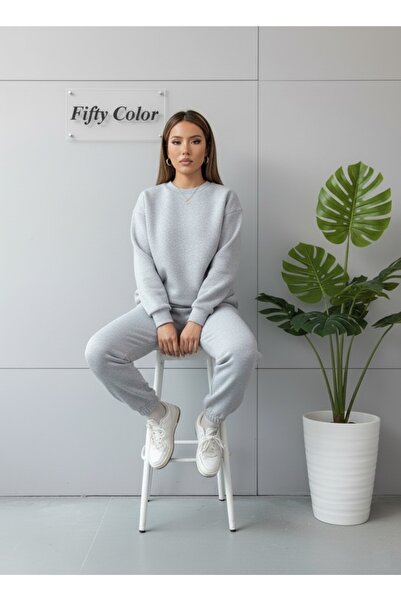 Fifty Color Unisex 2 Iplik Şardonlu Kışlık Gri Sweat - Gri Eşofman Takım Alt-üst