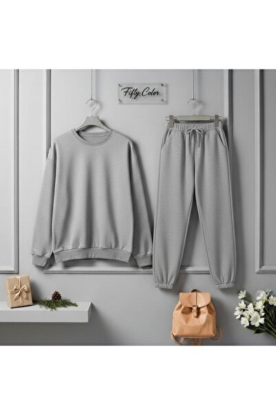 Fifty Color Unisex 2 Iplik Şardonlu Kışlık Gri Sweat - Gri Eşofman Takım Alt-üst