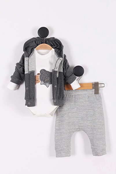 Ege Bebek Baby Boy 3-Piece Seasonal Hooded Bear Detailed Cute 3-Piece Bodysui...