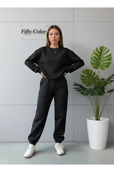 Fifty Color سويت شيرت شتوي أسود للجنسين - طقم بدلة رياضية مكونة من خيطين