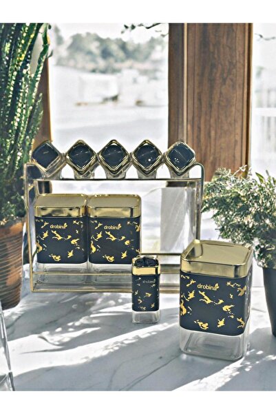 drobina Black glass and marble salt shaker and spice jar set with gold lids and decoration, 8 pieces, with a metal stand