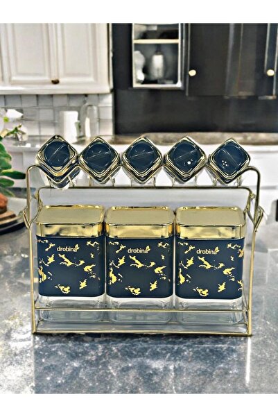 drobina Black glass and marble salt shaker and spice jar set with gold lids and decoration, 8 pieces, with a metal stand