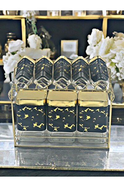 drobina Black glass and marble salt shaker and spice jar set with gold lids and decoration, 8 pieces, with a metal stand