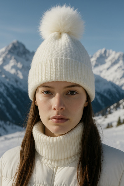 Luminos Butik Біла вовняна імпортна шапка - з помпоном, BERE1136