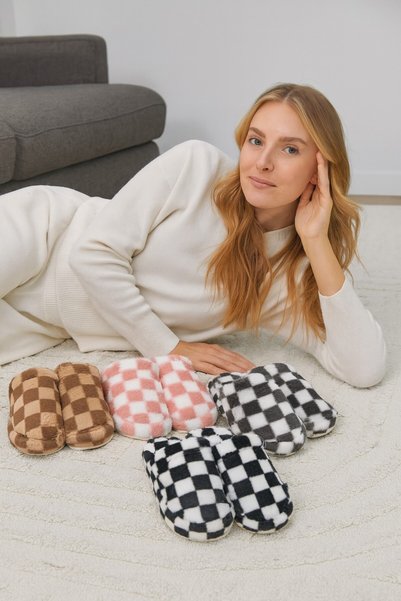 Moda Frato Checked Indoor Women's Home Slippers Casual Comfortable Winter Slippers