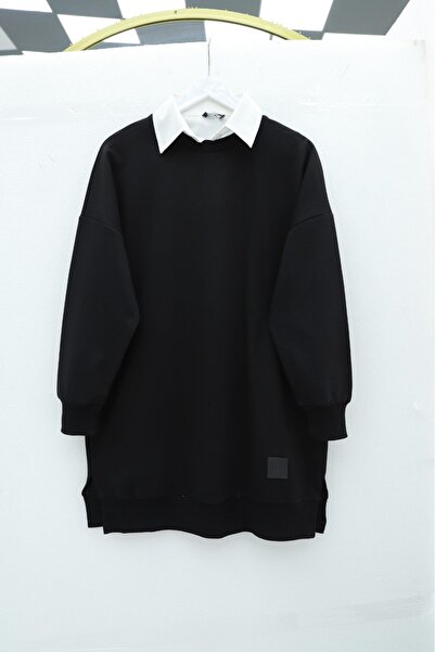 Modamorfo Crew Neck Slit Embroidered Sweat - Fekete