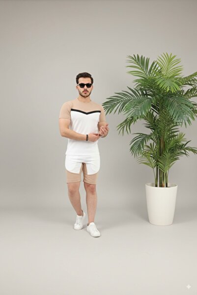 Fifty Color Unisex Συνδυασμός καλοκαιρινού σορτς και μπλουζάκι White-Camel