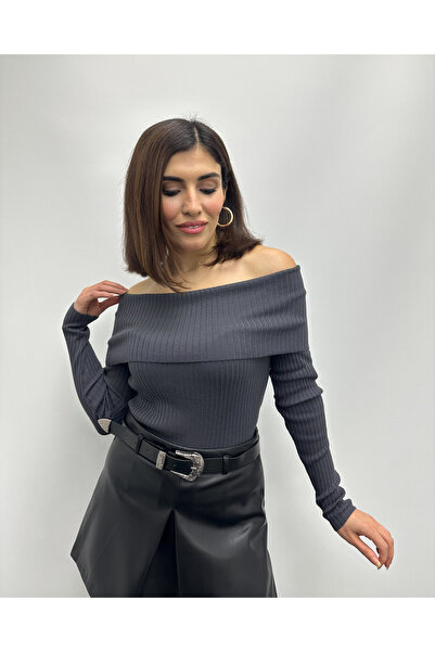 deqfashion Kadın Antrasit Madonna Yaka Fitilli Triko Kazak