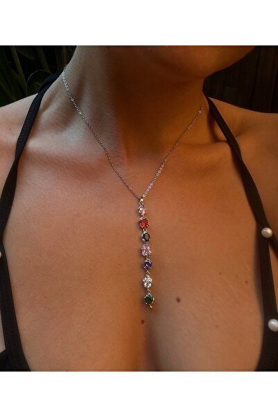 pop up store Renkli Zirkon Taşlı Gümüş Renk Çelik Zincir Kolye