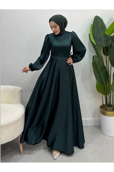 modasusev Βραδινό φόρεμα από σατέν τσαντάκι - Με κορδόνι στη μέση