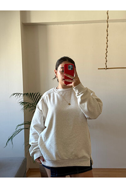 Floria Krem Kahve Kırçıllı Oversize Sweatshirt – Basic Spor Model Yan Fermuar Detaylı Oversize