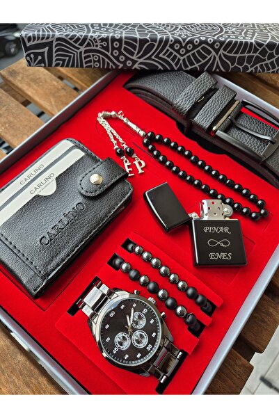 WERWOLF BAY KOL SAATİ SETİ ÇAKMAK CÜZDAN KEMER TESBİH BİLEKLİLİ SET SİYAH