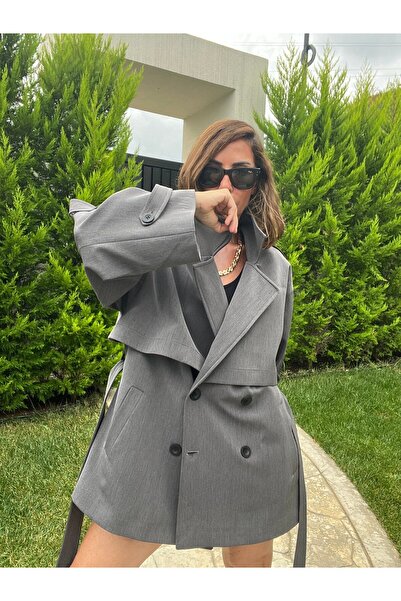 ABBRA Kadın Bağcıklı Oversize Kısa Trenç