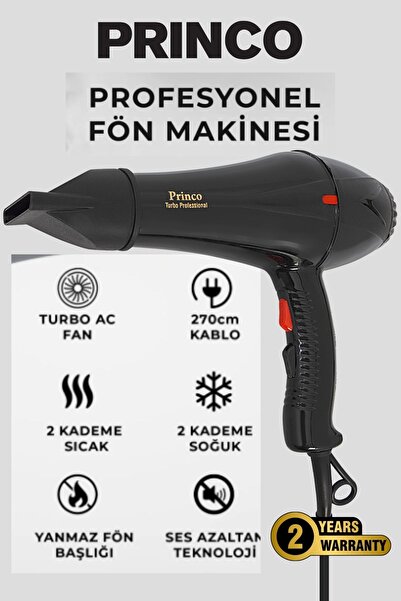 Princo Fön, Şekillendirme ve Saç Kurutma Makinası 2400 W 2 Kademeli Ayar Siyah Pr-902
