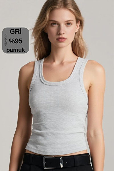 mrmpro Women's Gray Ribbed Look Thick Strap Basic Tank Top Body 95% Cotton