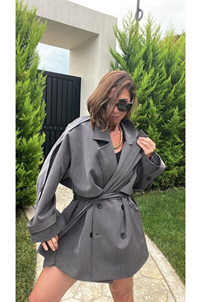 ABBRA Kadın Bağcıklı Oversize Kısa Trenç